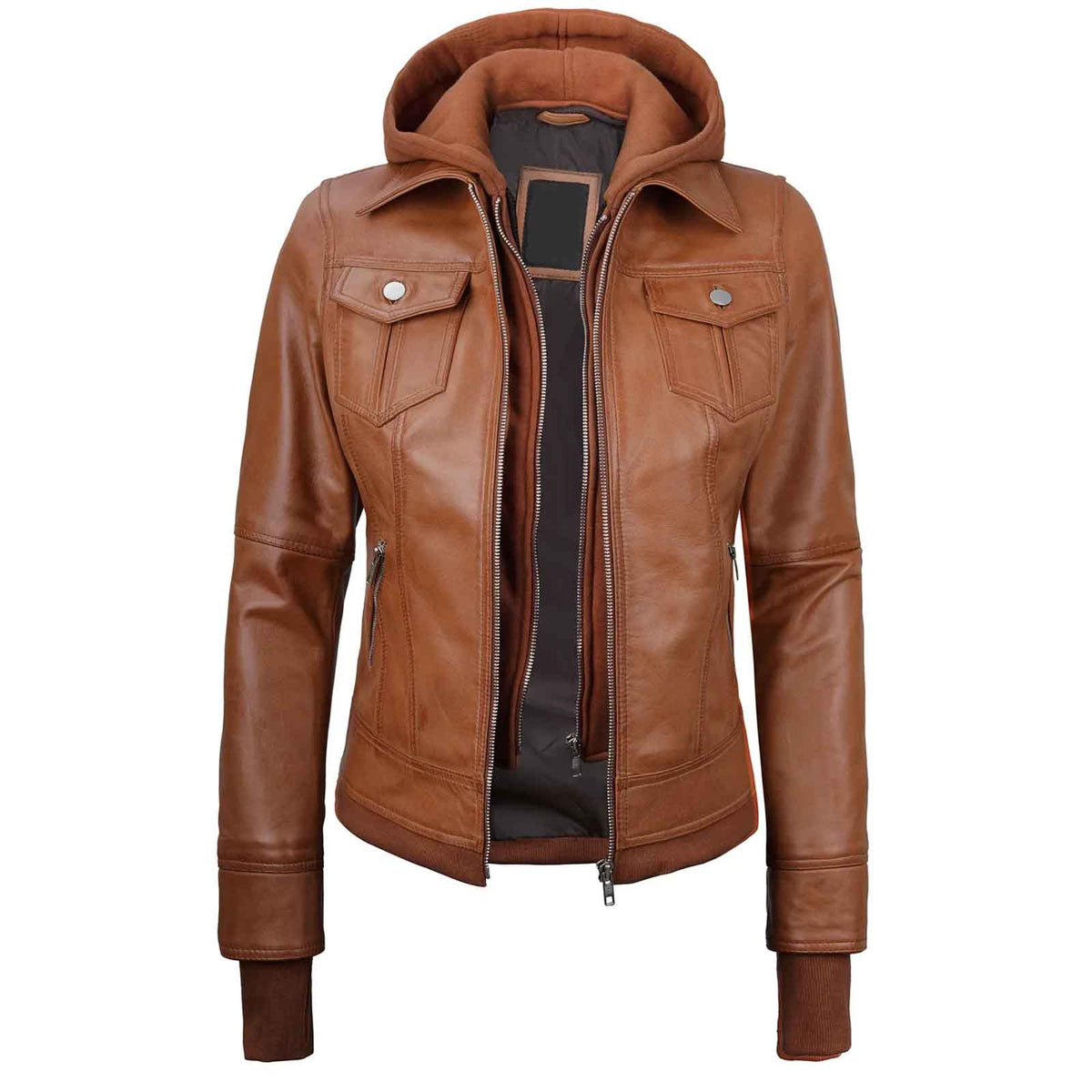 Regals Leather Tralee Women's Tan Brown Wax Bomber Leather Jacket With Removable Hood