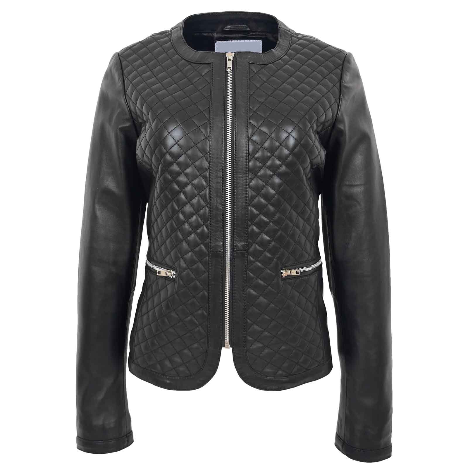 Fashion Women's Leather Collarless Jacket With Quilt Design Joan Black