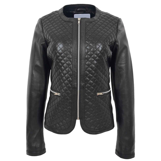 Fashion Women's Leather Collarless Jacket With Quilt Design Joan Black