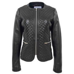 Fashion Women's Leather Collarless Jacket With Quilt Design Joan Black