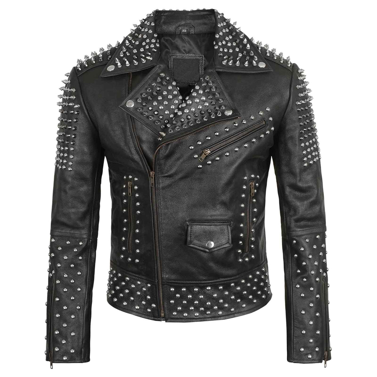 Men’s Studded Leather Jacket – Rock Punk Brando Motorcycle Black Biker Spiked Jacket