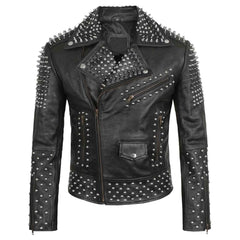 Men’s Studded Leather Jacket – Rock Punk Brando Motorcycle Black Biker Spiked Jacket
