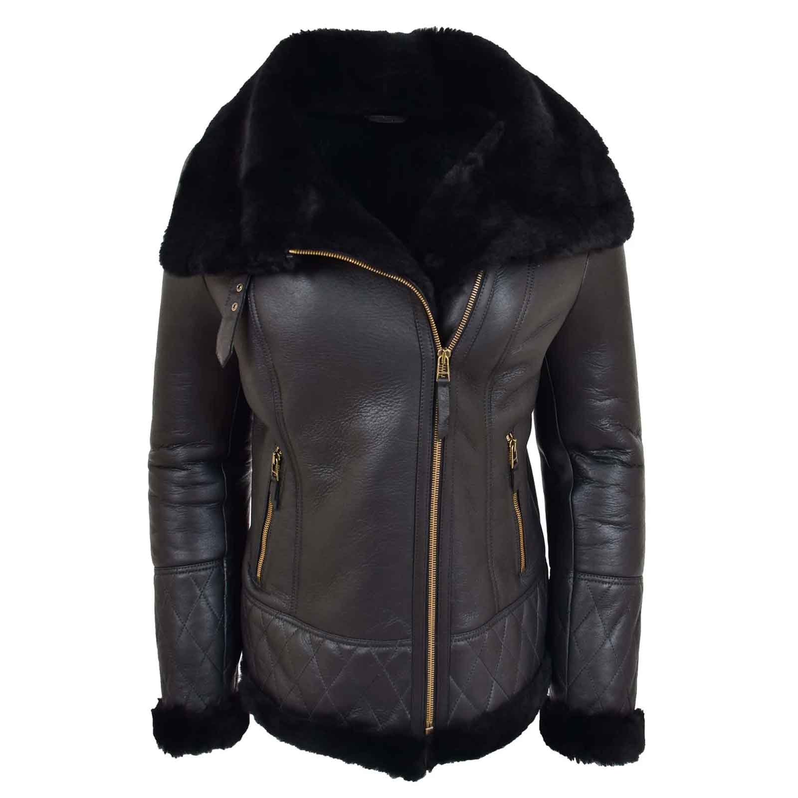 Women’s Merino Sheepskin Aviator Leather Jacket – Isabelle Black | Regals Leather