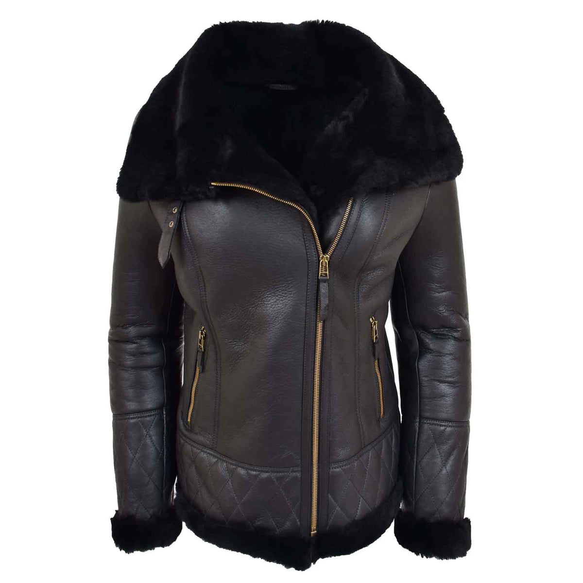 Women’s Merino Sheepskin Aviator Leather Jacket – Isabelle Black | Regals Leather