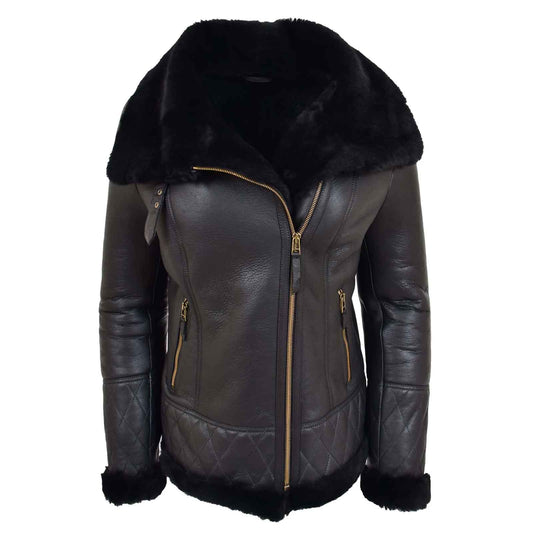 Women’s Merino Sheepskin Aviator Leather Jacket – Isabelle Black | Regals Leather