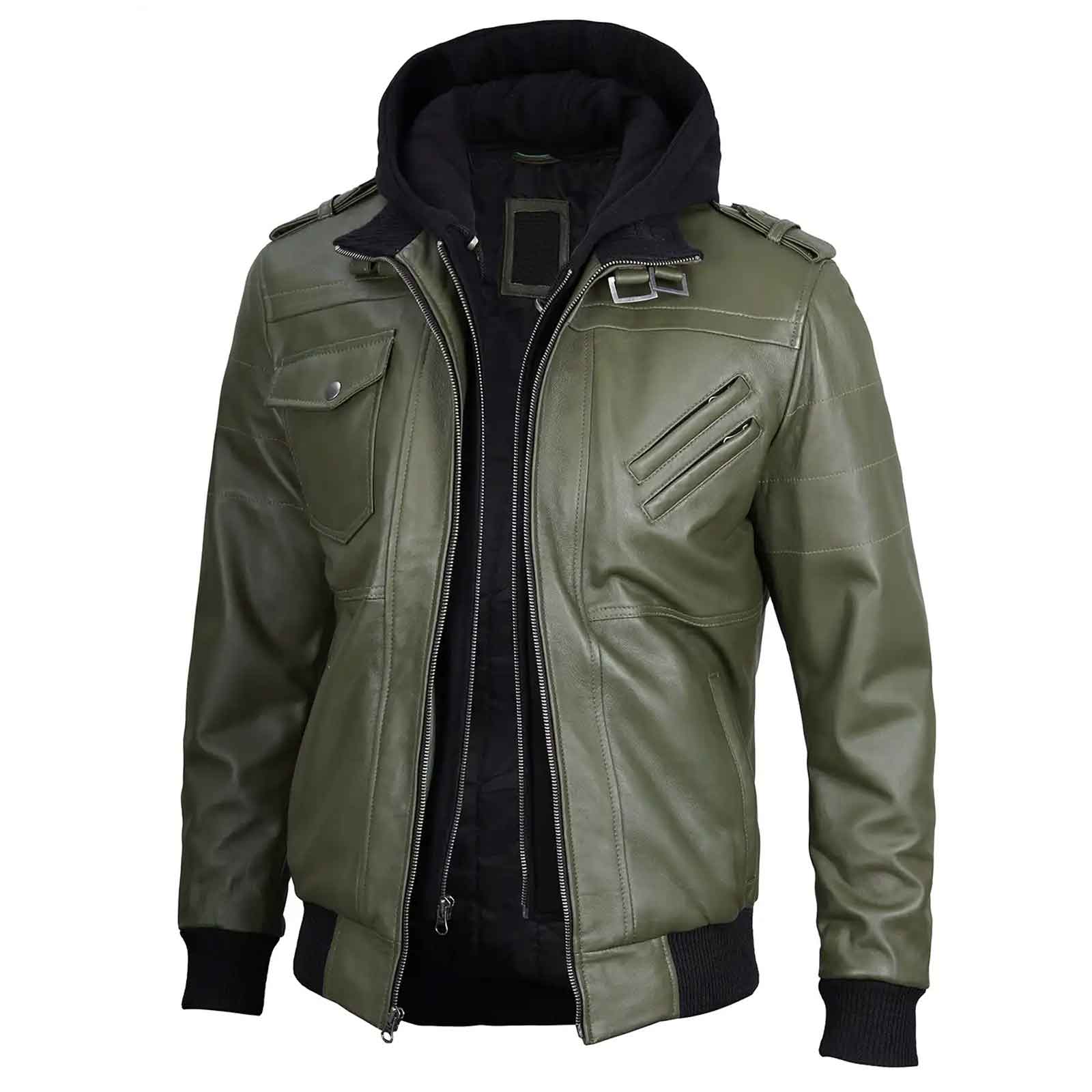 Vintage Handcrafted Men's Military Green Leather Jacket with Removable Hood