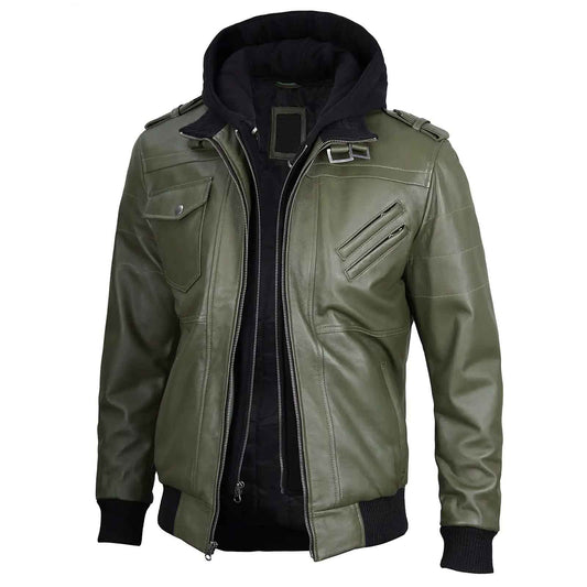 Vintage Handcrafted Men's Military Green Leather Jacket with Removable Hood