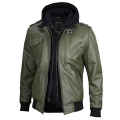Vintage Handcrafted Men's Military Green Leather Jacket with Removable Hood