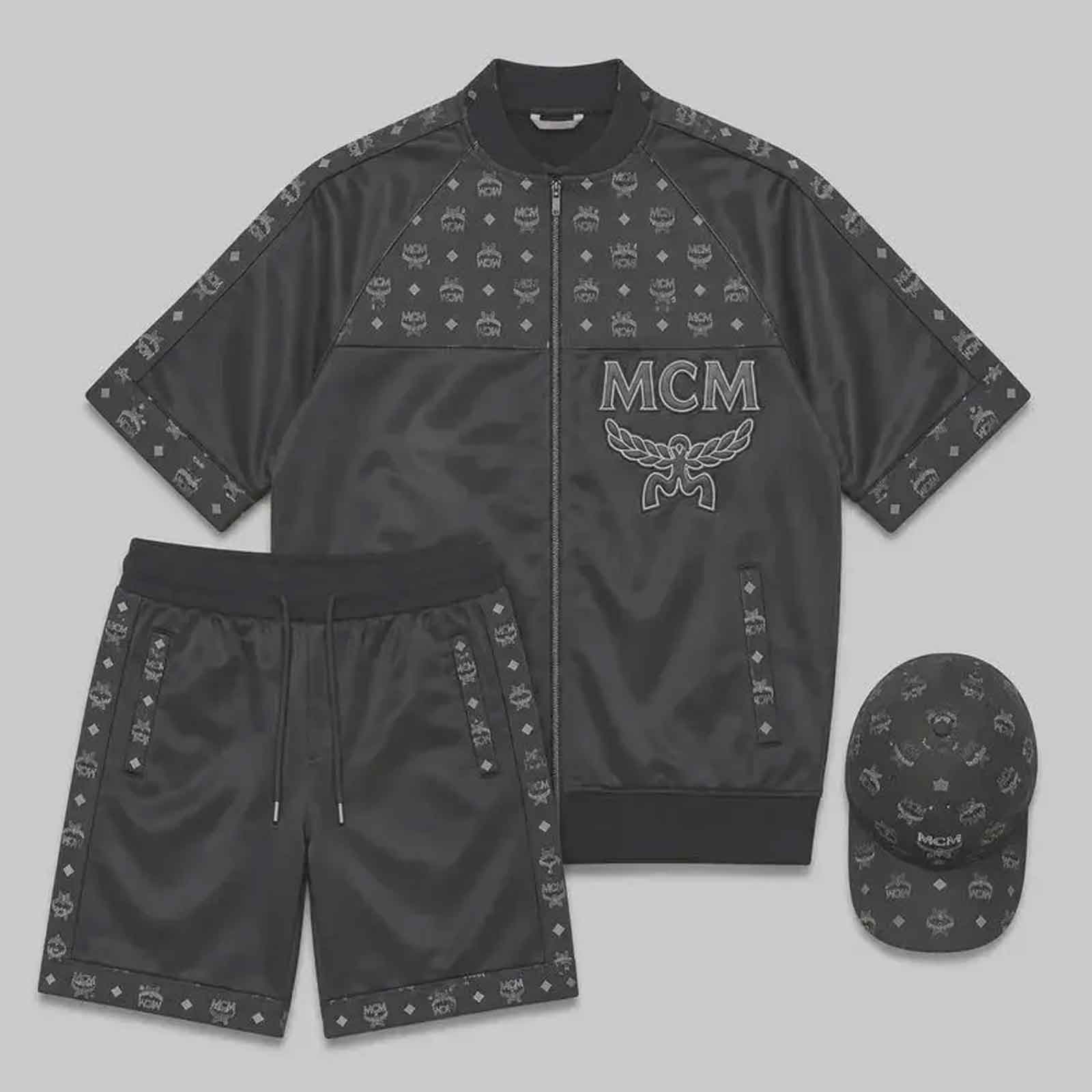 MCM Men’s Black Monogram Leather Tracksuit Set | Zip Jacket, Shorts & Cap | Summer Outfit