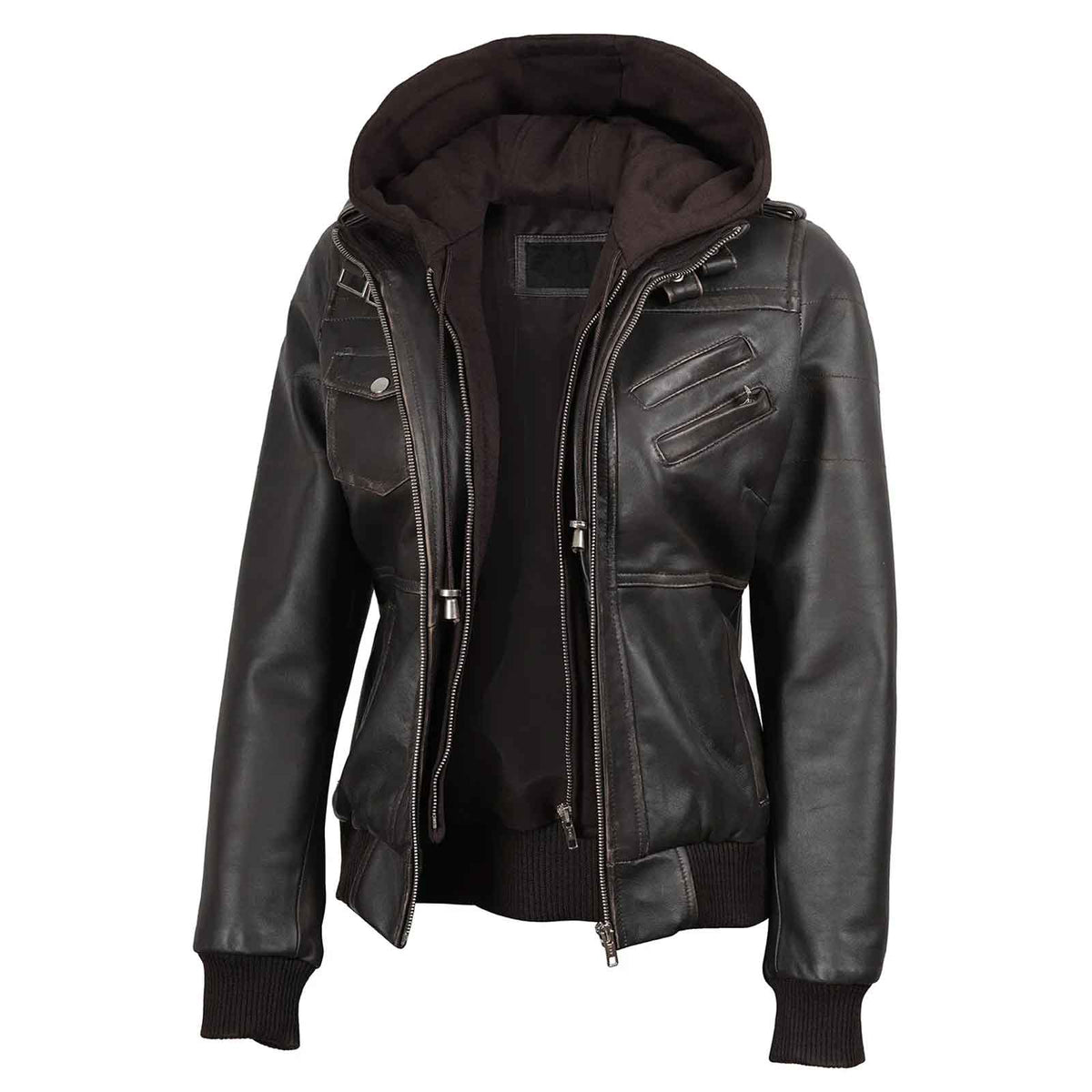 Dark Brown Rub Off Leather Jacket for Women with Removable Hood – Premium Casual Wear