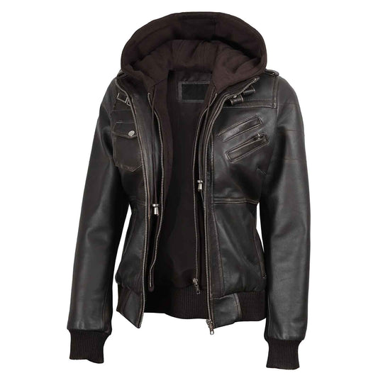 Dark Brown Rub Off Leather Jacket for Women with Removable Hood – Premium Casual Wear