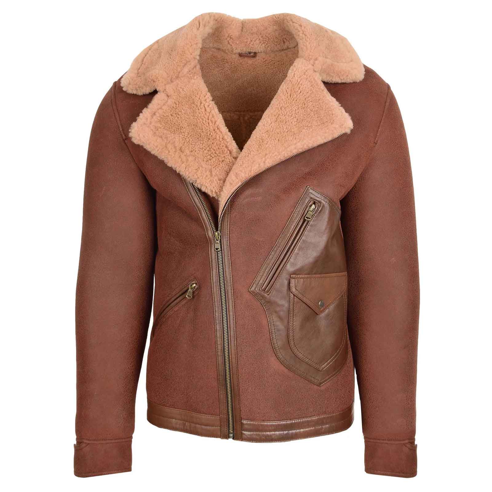 Men’s Sheepskin Aviator Jacket – Dustin Brown Ginger Cross Zip Biker Style | Regals Leather