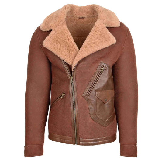 Men’s Sheepskin Aviator Jacket – Dustin Brown Ginger Cross Zip Biker Style | Regals Leather
