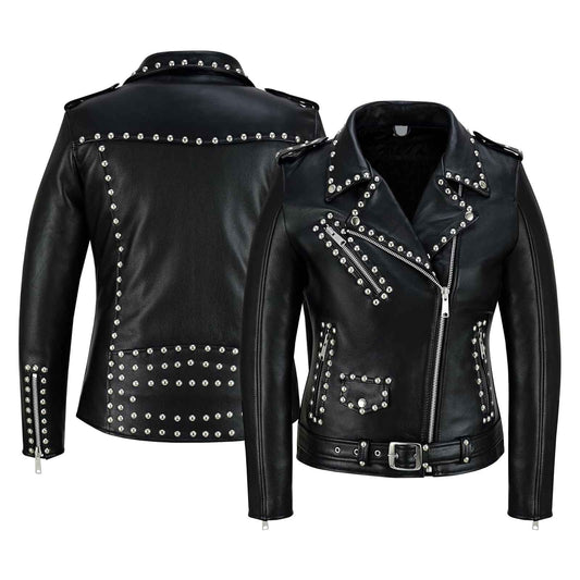 High Quality Iron Stud Women’s Studded Leather Biker Jacket