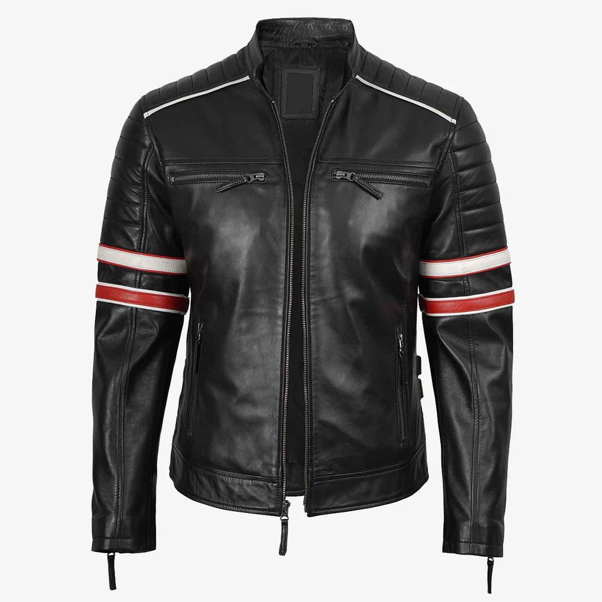Biker Casual Fit Men’s Black Cafe Racer Leather Jacket with Dual Stripes