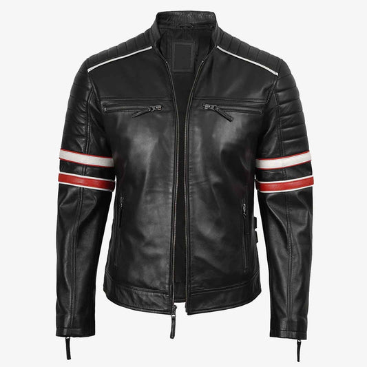 Biker Casual Fit Men’s Black Cafe Racer Leather Jacket with Dual Stripes