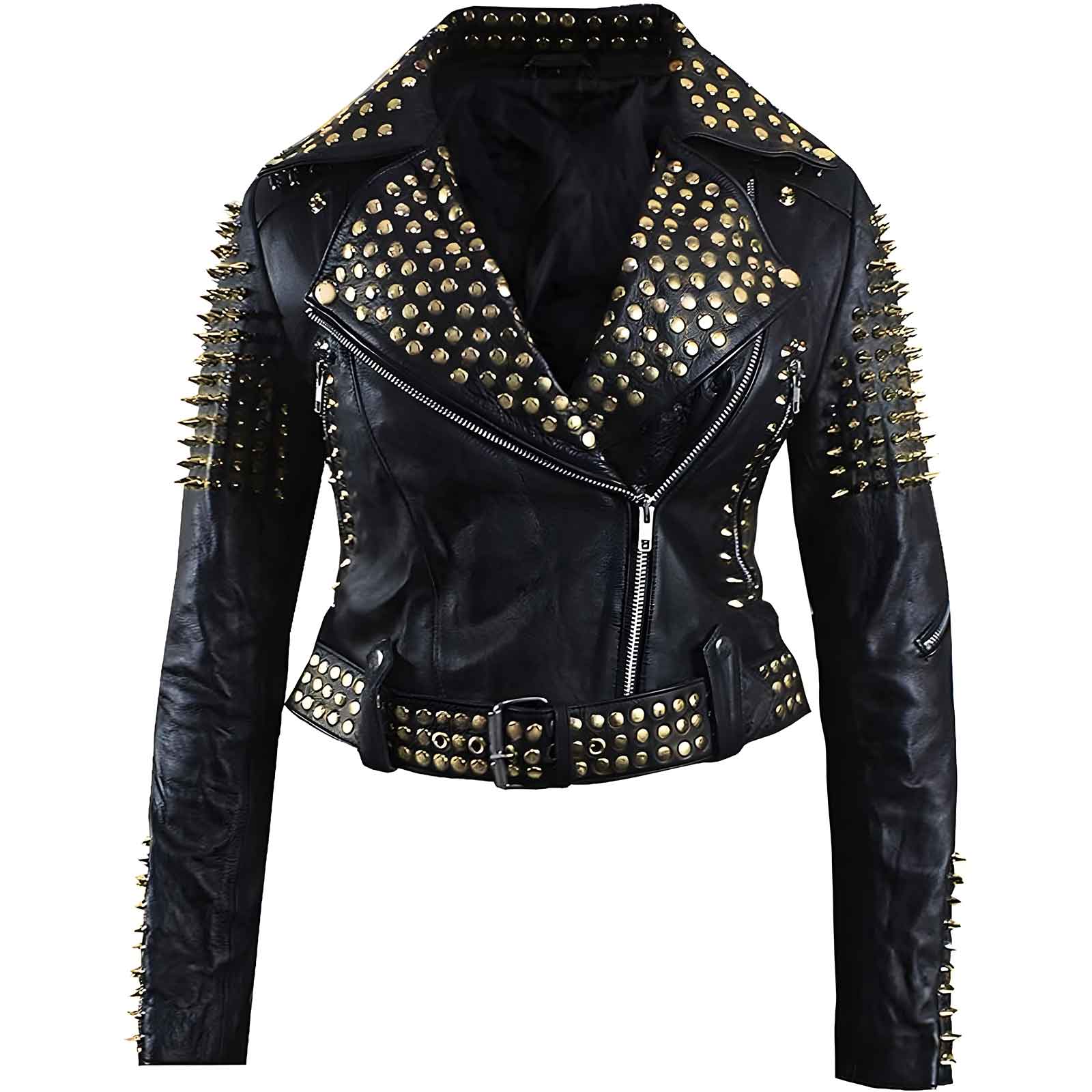Women’s Studded Leather Jacket | Brando Rocker Spikes Biker Outerwear