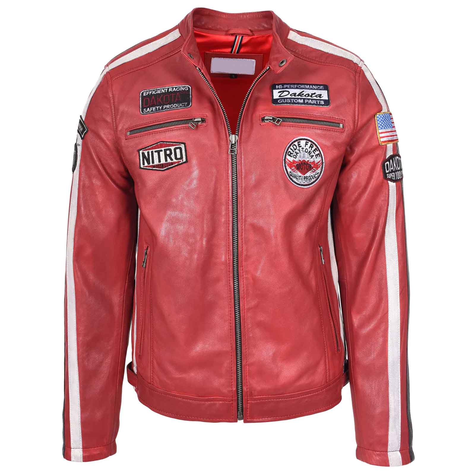Vintage Men's Leather Biker Jacket Motorsport Logos Bobby Red