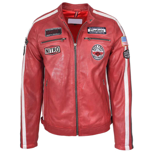 Vintage Men's Leather Biker Jacket Motorsport Logos Bobby Red