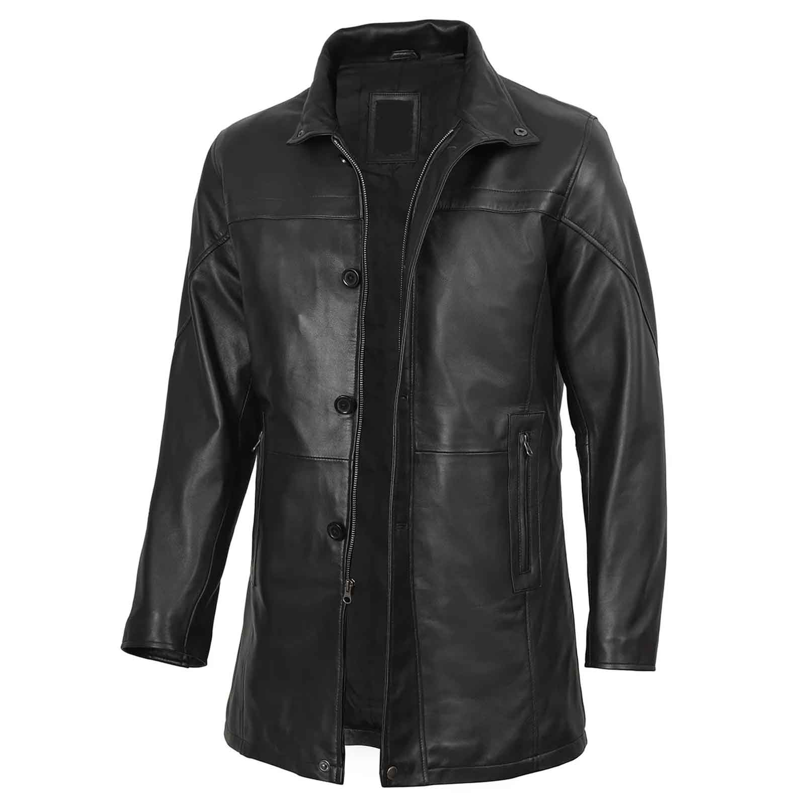 Bristol Men's Real Lambskin Black Leather Car Coat Stylish Long Jacket for Men's