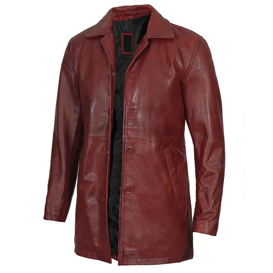 Burgundy Men’s Real Lambskin Leather Car Coat Genuine Leather Long Jacket