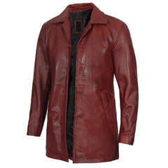 Burgundy Men’s Real Lambskin Leather Car Coat Genuine Leather Long Jacket