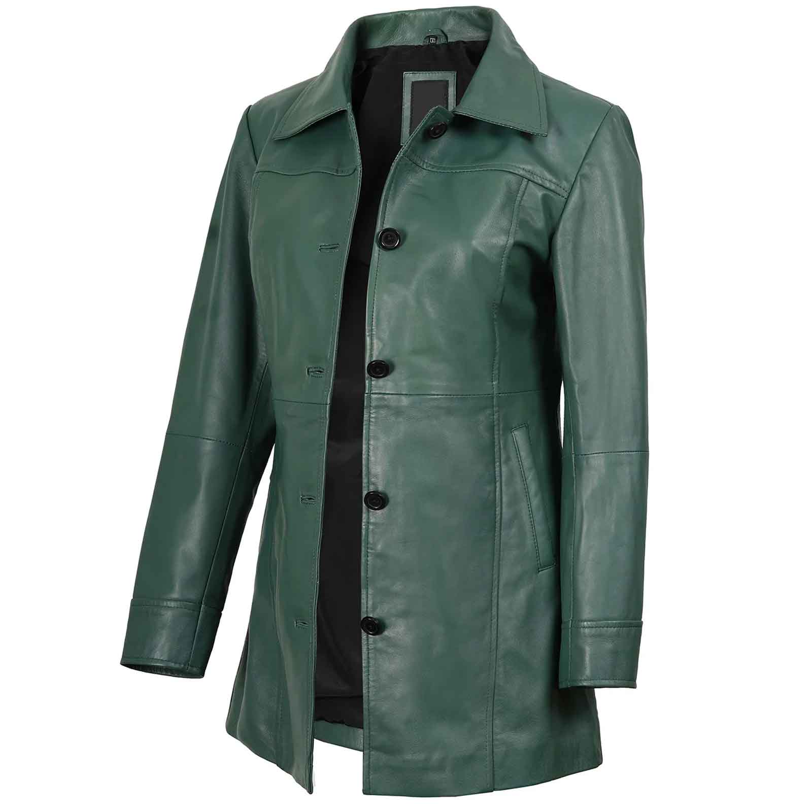 Regals Leather Genuine Women's Green Real Leather Car Coat