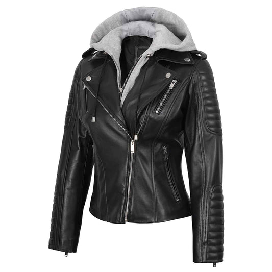 Regals Leather Women's Black Leather Biker Style Jacket With Removable Hood