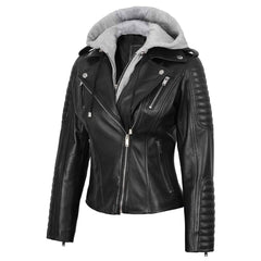 Regals Leather Women's Black Leather Biker Style Jacket With Removable Hood
