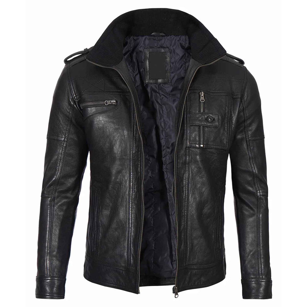 Men's Black Waxed Cafe Racer Style Lambskin Leather Jacket Regals Leather