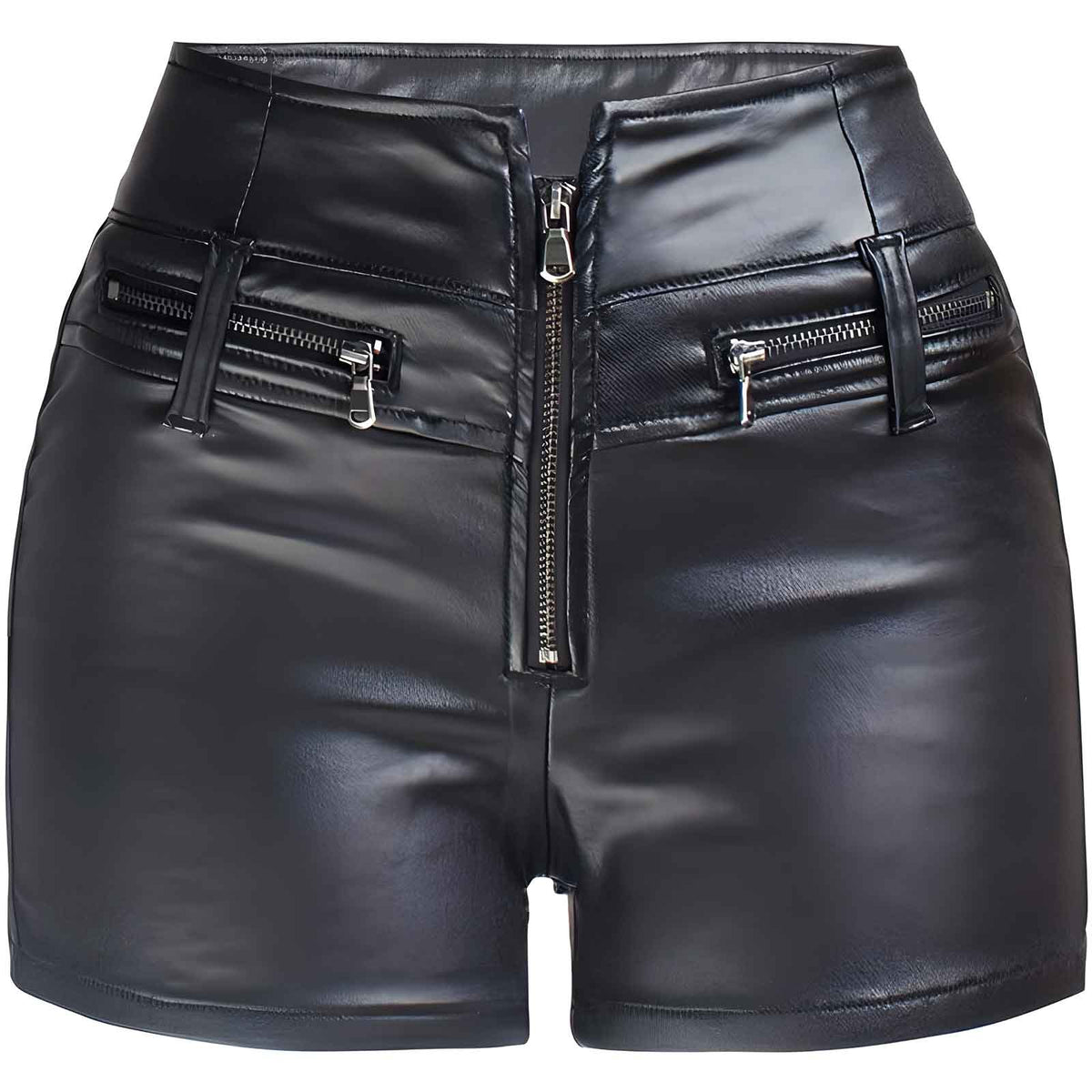 Women’s High Waist Faux Leather Shorts with Zipper Detail – Stylish PU Coated Shorts