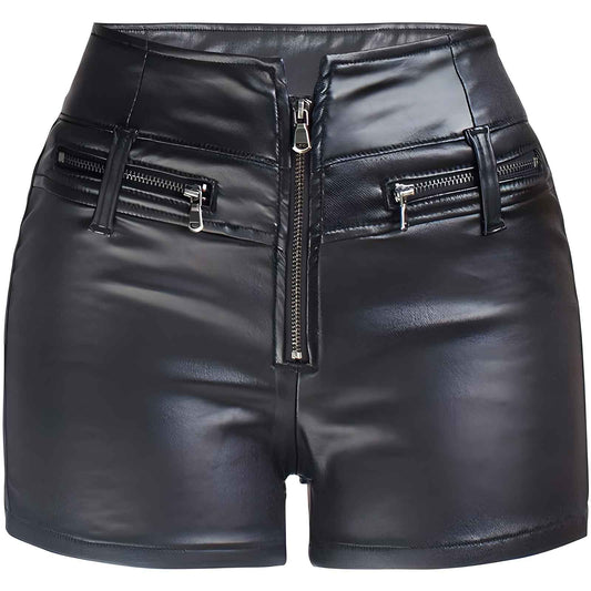 Women’s High Waist Faux Leather Shorts with Zipper Detail – Stylish PU Coated Shorts