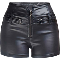 Women’s High Waist Faux Leather Shorts with Zipper Detail – Stylish PU Coated Shorts