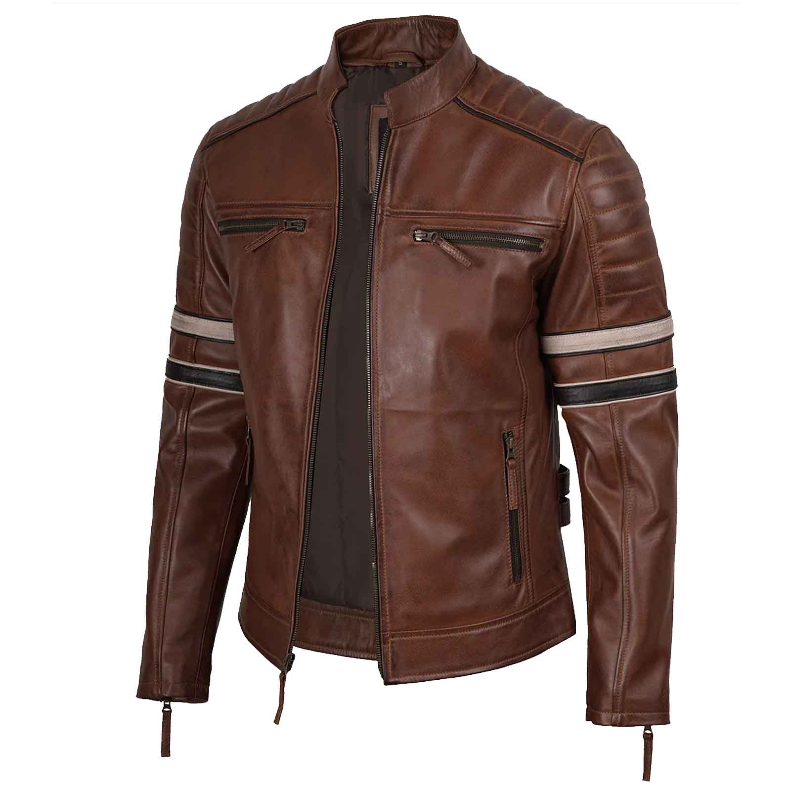 Biker Men's Cognac Brown Leather Racer Jacket with Black and Beige Stripes