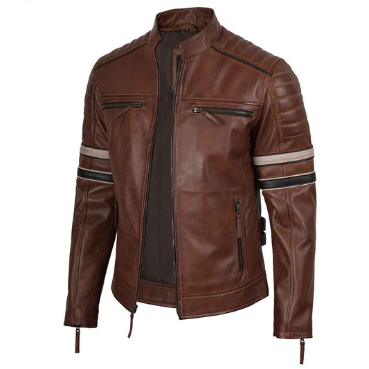 Biker Men's Cognac Brown Leather Racer Jacket with Black and Beige Stripes