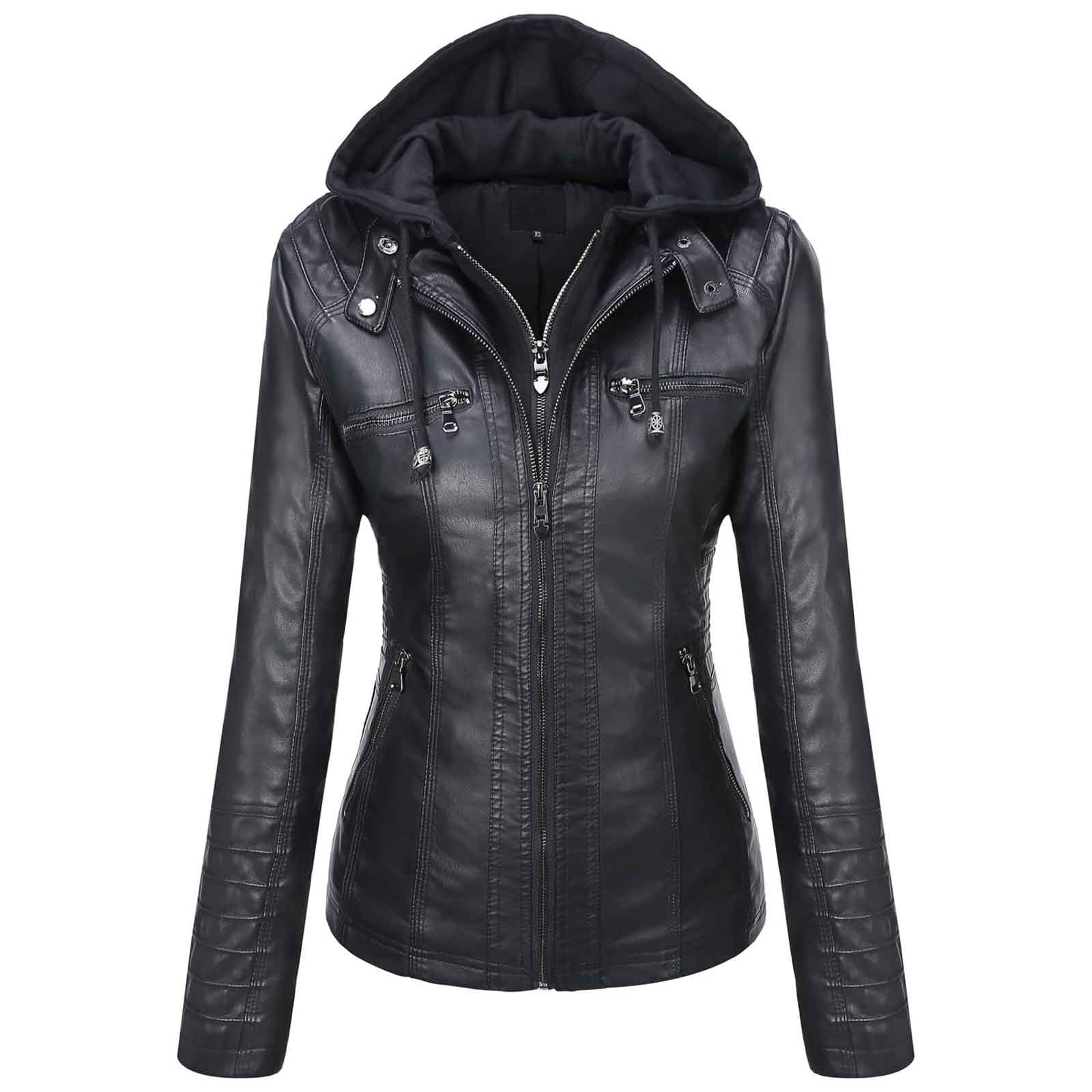 Tanming Women’s Faux Leather Jacket with Removable Hood – Stylish PU Moto Biker Coat for Fall & Winter