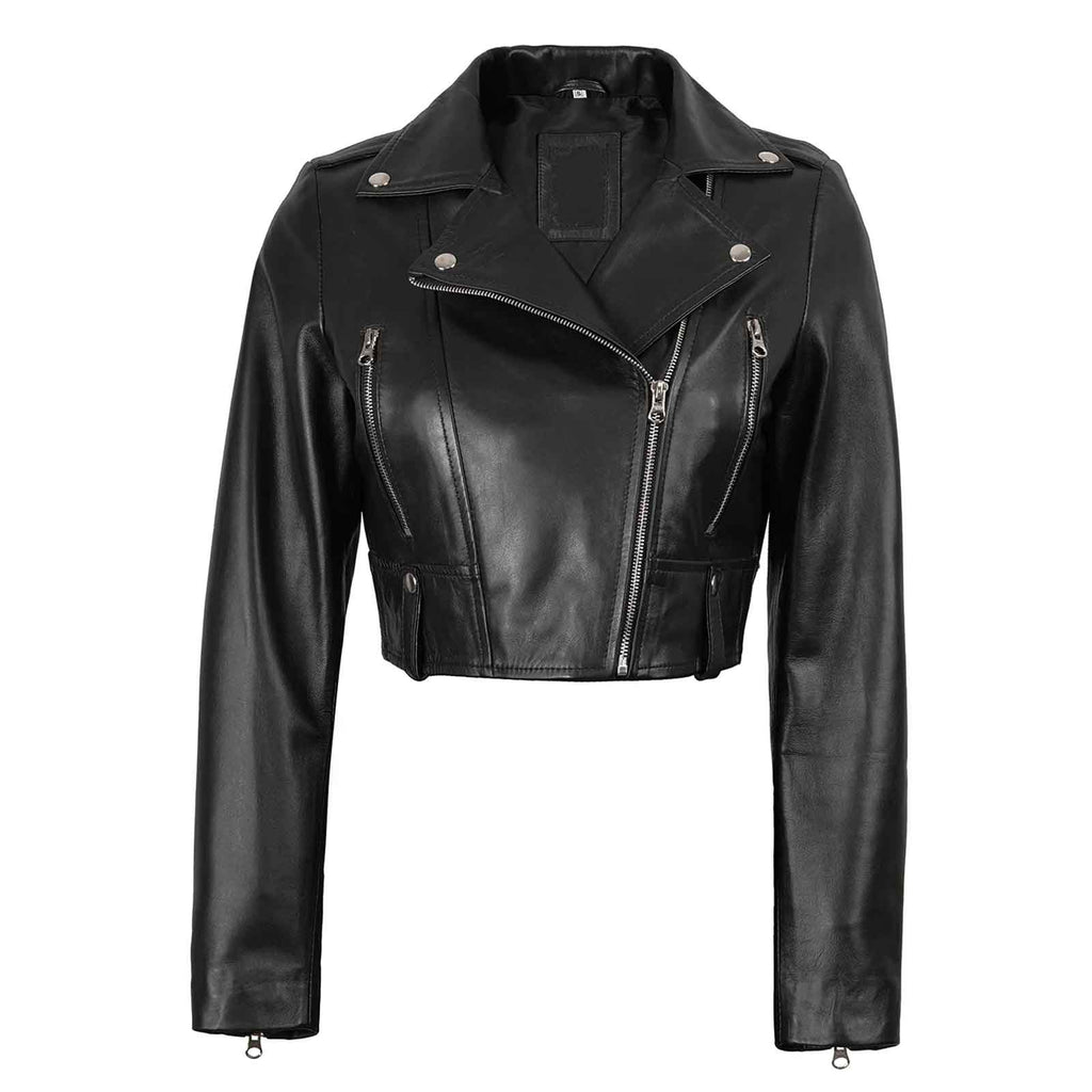 Genuine Lambskin Colleen Women's Cropped Black Biker Style Leather