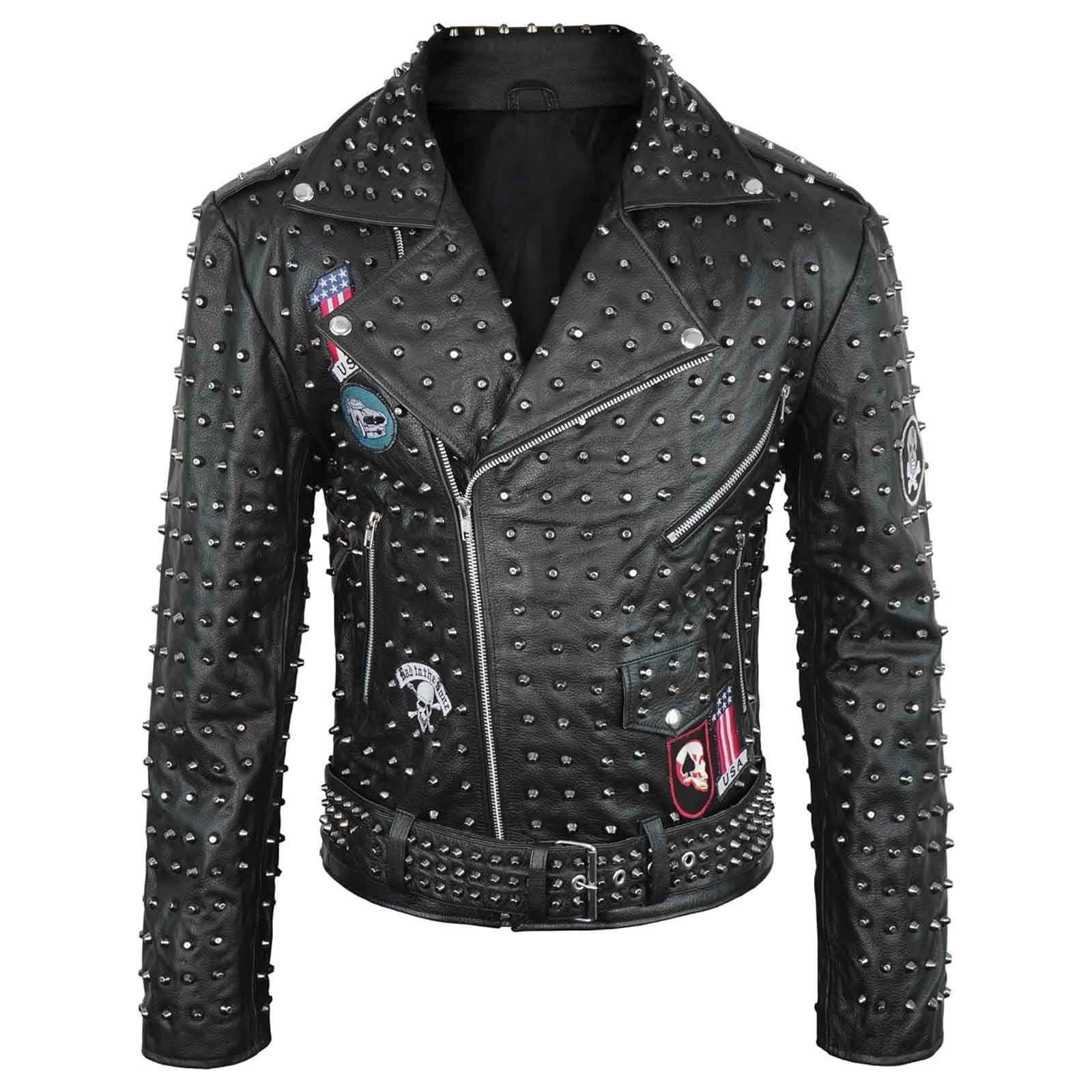 Men’s Brando Studded Leather Biker Jacket – Black Genuine Leather Punk Rock Motorcycle Jacket