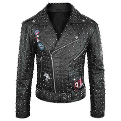 Men’s Brando Studded Leather Biker Jacket – Black Genuine Leather Punk Rock Motorcycle Jacket
