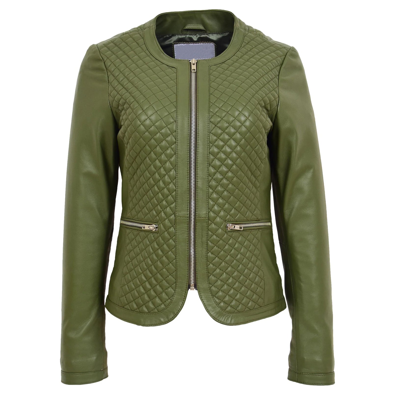 Women’s Olive Green Leather Jacket – Joan Collarless Quilted Design in Soft Nappa
