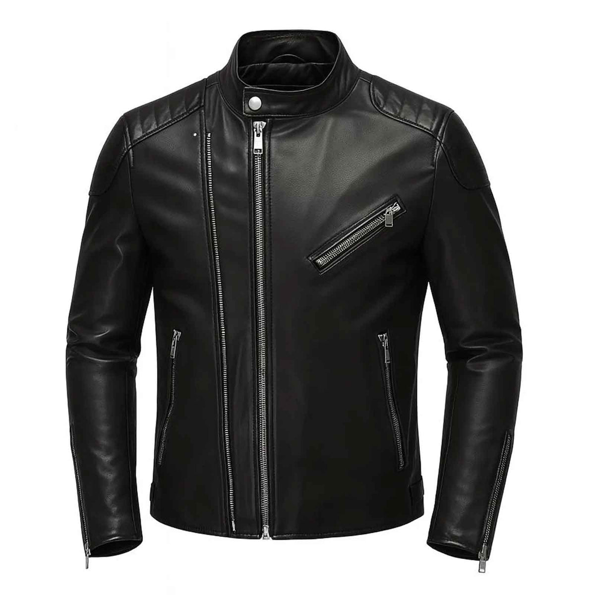 Chaqueta Biker de Cuero de Oveja Negra para Hombre – Estilo Moto Ajustado | Regals Leather