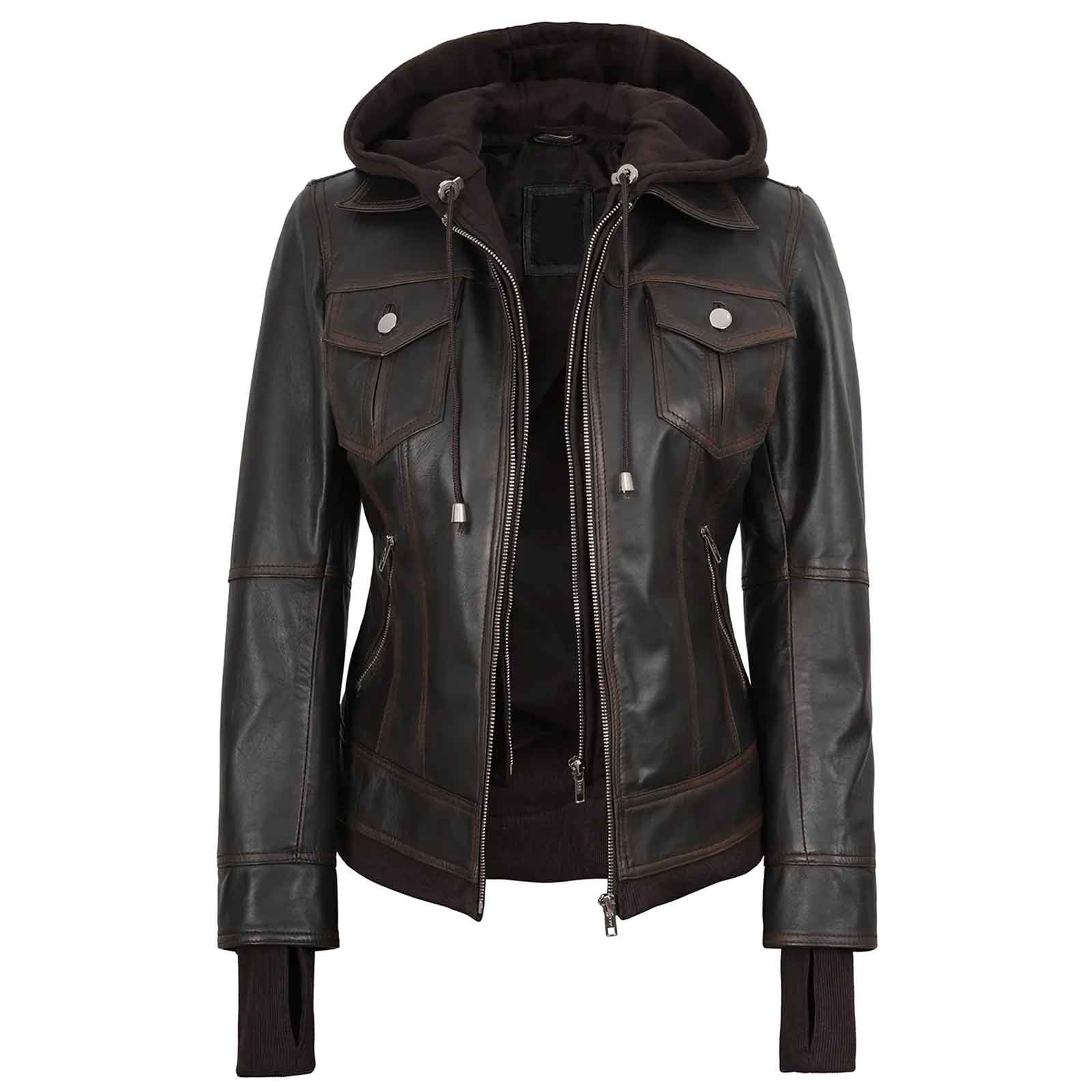 Tralee Women’s Dark Brown Leather Bomber Jacket – Removable Hood | Regals Leather