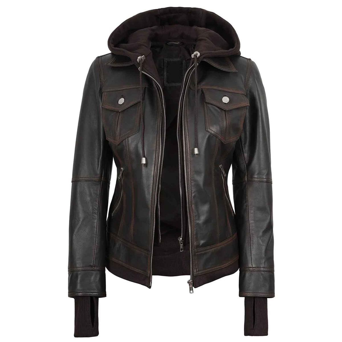 Tralee Women’s Dark Brown Leather Bomber Jacket – Removable Hood | Regals Leather