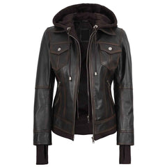 Tralee Women’s Dark Brown Leather Bomber Jacket – Removable Hood | Regals Leather
