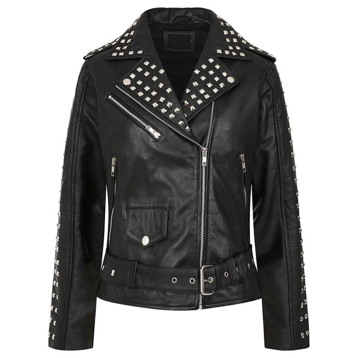 Women’s Black Cropped Leather Biker Jacket | Genuine Cowhide Short Moto Coat