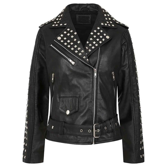 Women’s Black Cropped Leather Biker Jacket | Genuine Cowhide Short Moto Coat