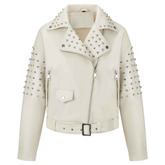 Women’s Faux Leather Studded Rivet Jacket – Short Moto Biker Coat with Stand Collar