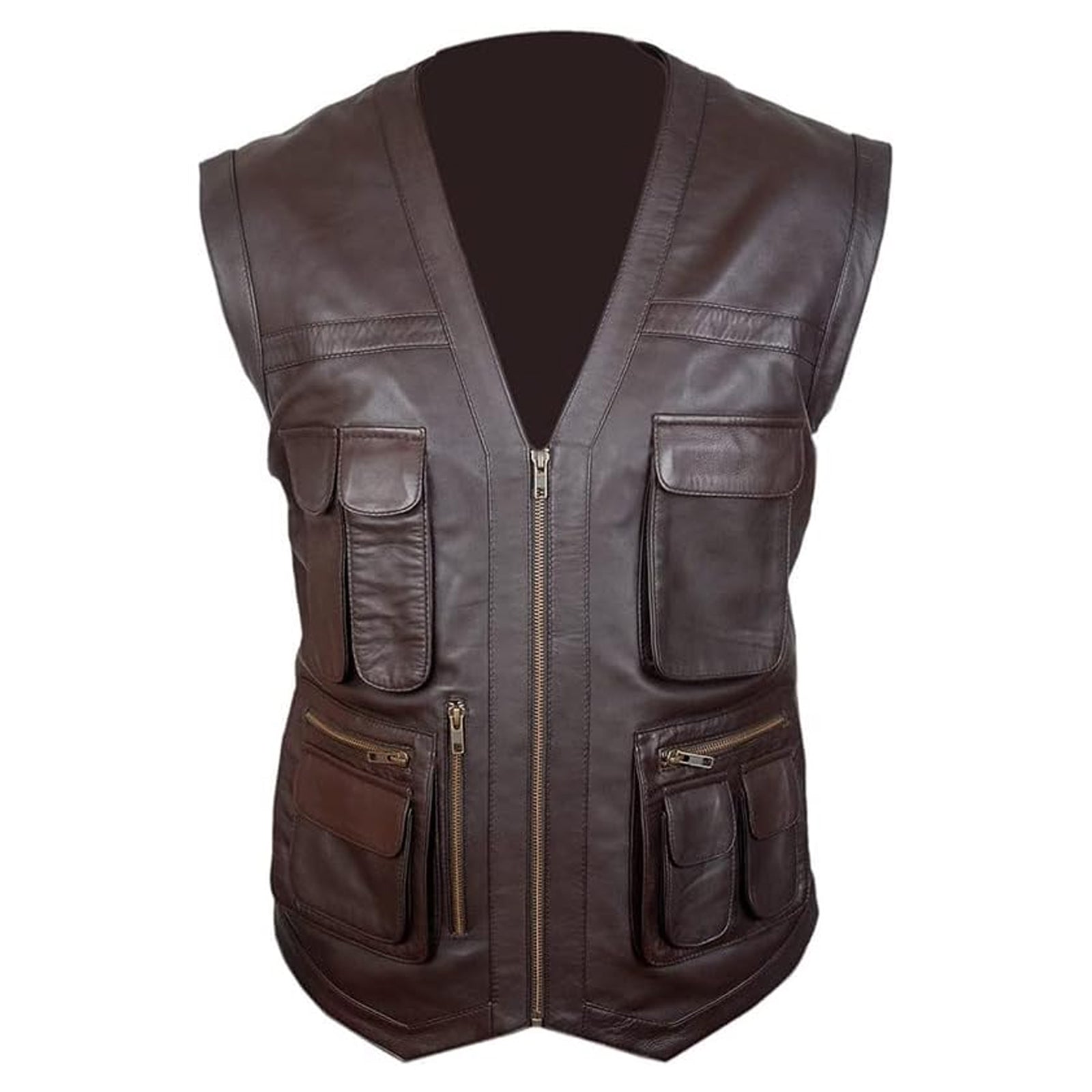 Men's Leather Motorcycle Vest - Brown Sleeveless V-Neck Biker Leather Waistcoats for Men