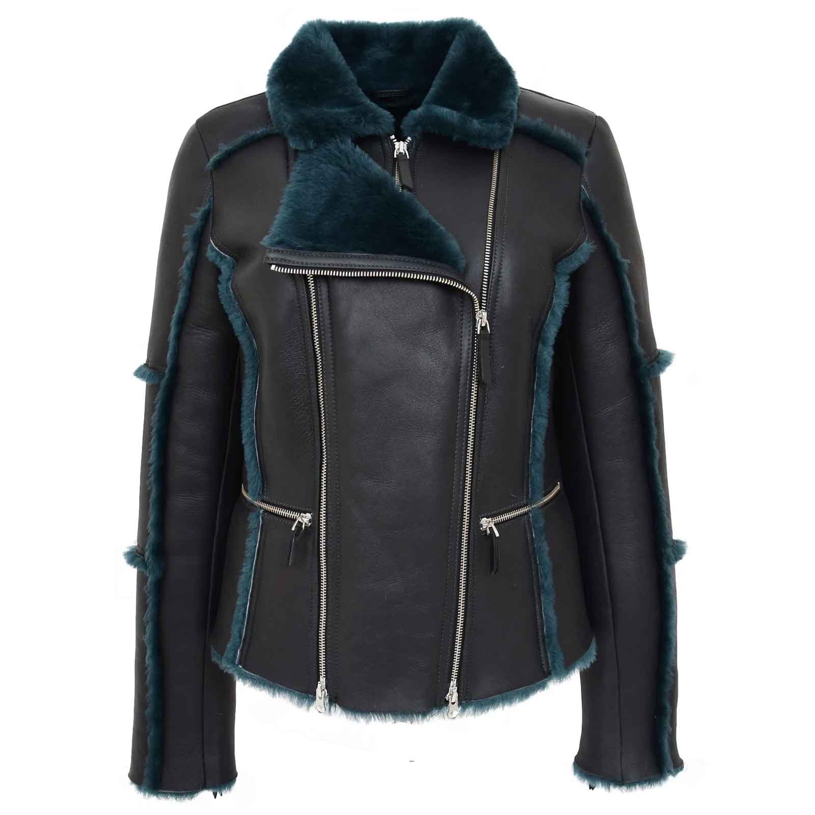 Women’s Sheepskin Aviator Pilot Jacket – Valerie Black Green Shearling Coat