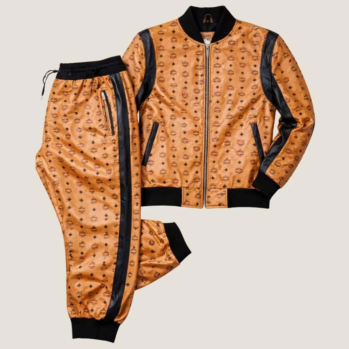 MCM Men’s Monogram Print Leather Tracksuit Set | Brown & Black Cowhide Bomber Jacket & Jogger Pants